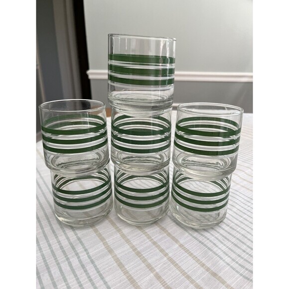 Set of 7 - Vintage 1970’s Green & White Striped 3” Rock Juice Glasses - Picture 8 of 9